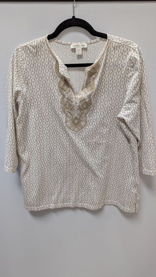 Coldwater Creek Ivory/Tan Embroidered Neck Tee