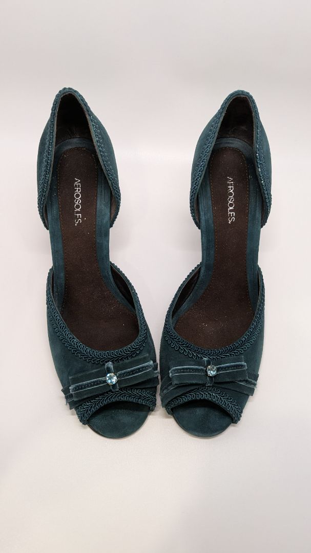 Aerosoles Dark Teal Suede Bow Heels