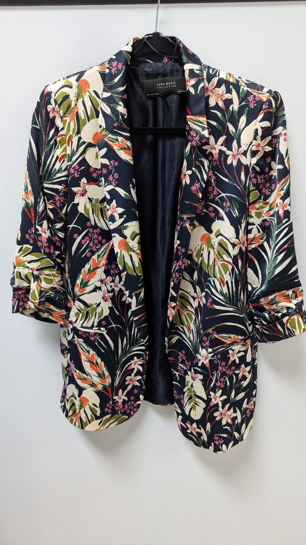Zara Basic Navy Floral Cropped Sleeve Blazer Jacket