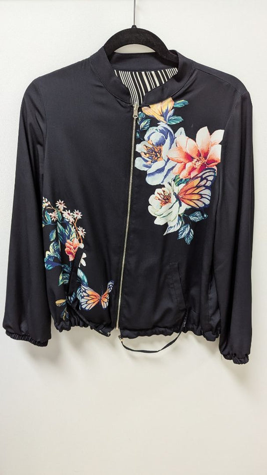 Black Floral Striped Reversible Bomber Jacket