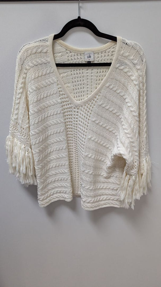 Cabi Ivory White V-Neck Crochet Fringe Sweater