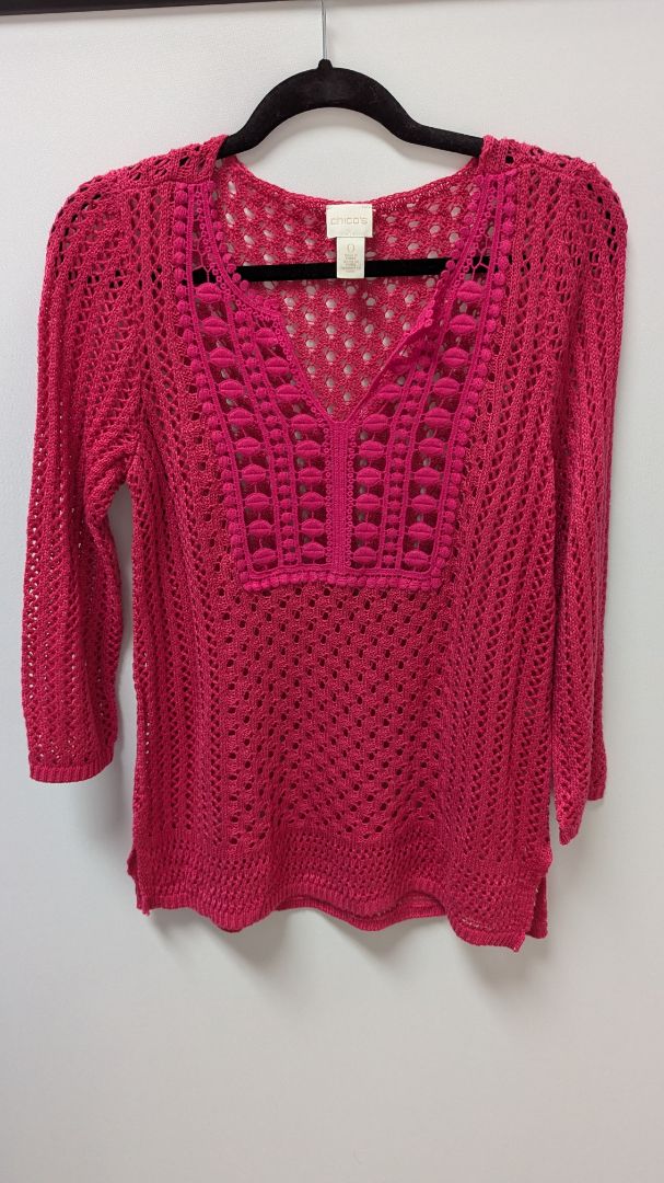 Chico's Deep Pink Crochet Knit V-Neck Sweater