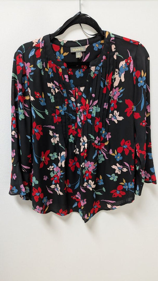 Style & Co Black Floral Pintuck Ruffle Blouse