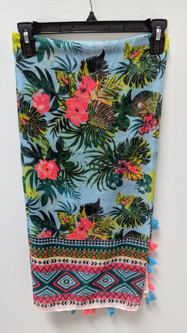 "C" Pink Palm Floral Knit Tassel Scarf