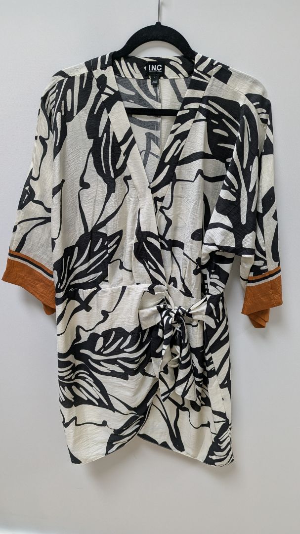 INC Ivory/Black Kimono Printed Wrap Dress
