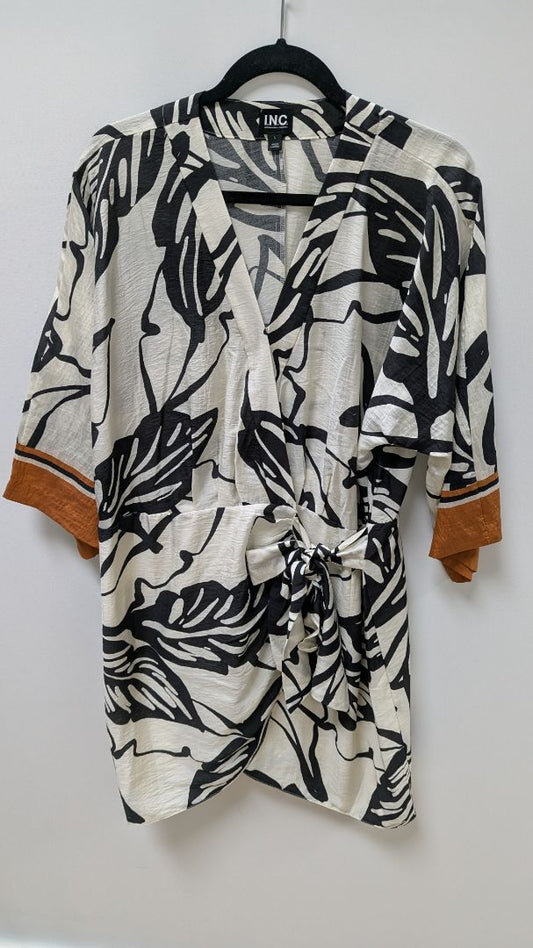 INC Ivory/Black Kimono Printed Wrap Dress