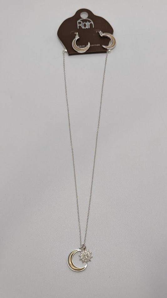 Rain Silver/Tan Moon Earrings & Necklace Set