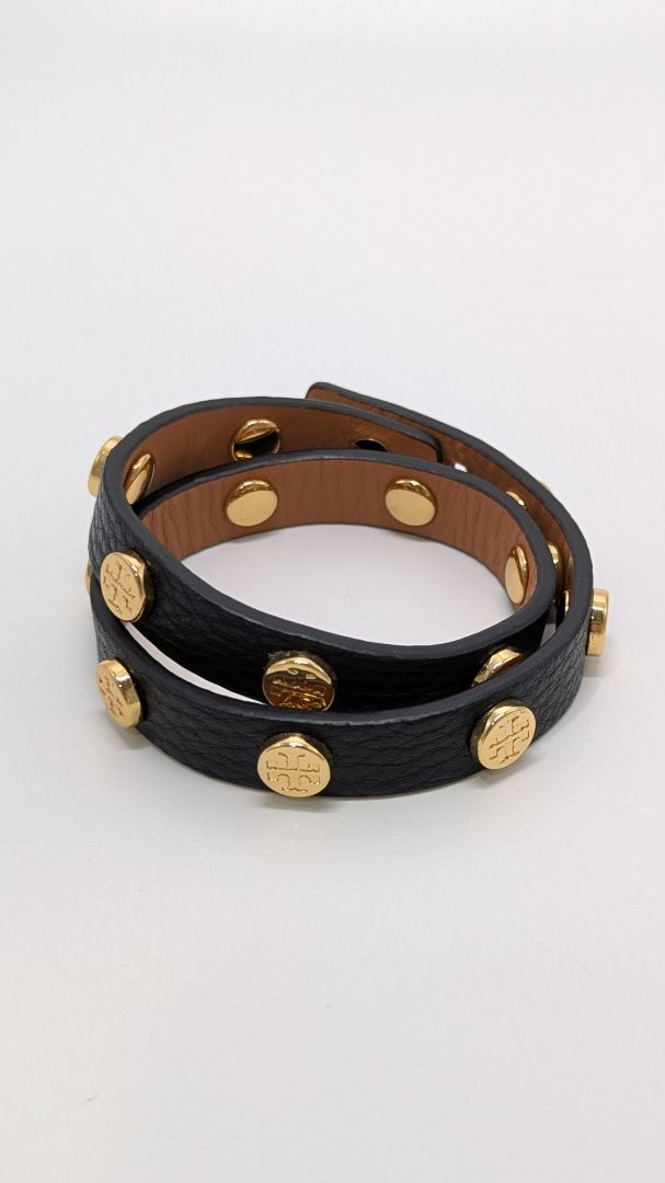Tory Burch Black Double-Wrap Logo Stud Bracelet