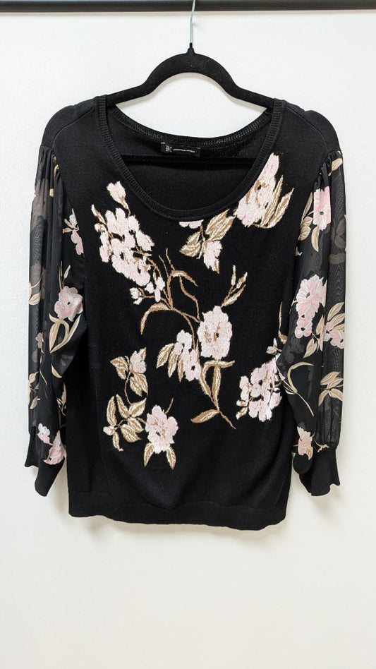 INC Black/Pink Floral Sheer-Sleeve Sweater