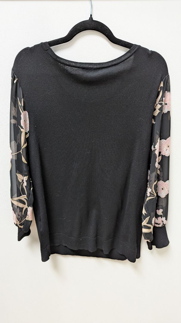 INC Black/Pink Floral Sheer-Sleeve Sweater