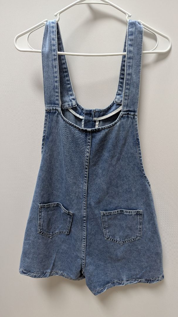 Medium Wash Button-Down Denim Overall Shorts