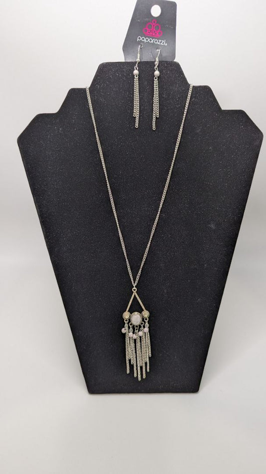 Paparazzi Silver Triangle Pendant Longline Necklace Set