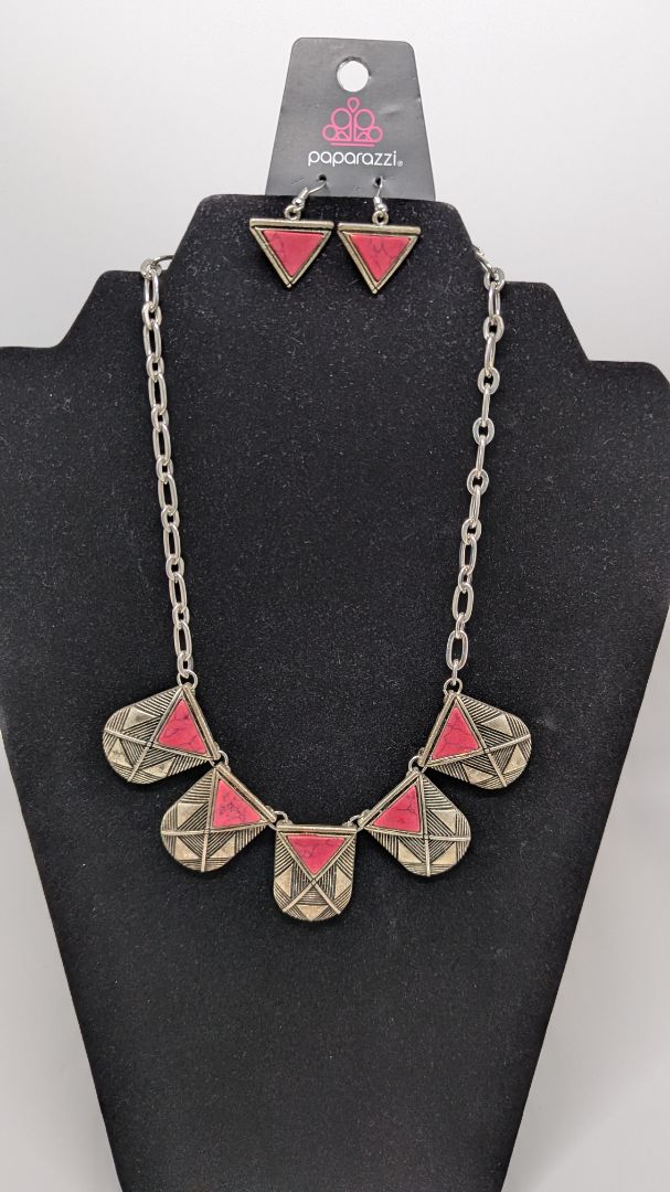 Paparazzi Silver/Pink Triangle Statement Necklace Set