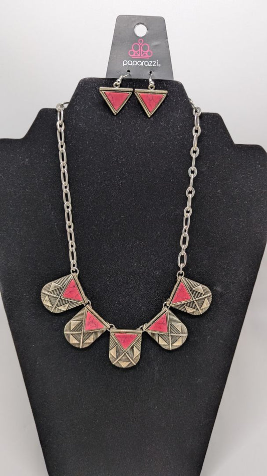 Paparazzi Silver/Pink Triangle Statement Necklace Set