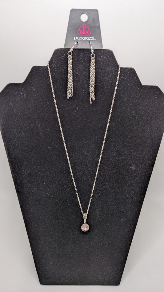 Paparazzi Silver/Pink Crystal Pendant Necklace Set