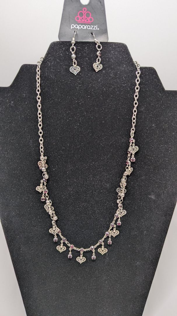 Paparazzi Silver/Maroon Heart Charm Necklace Set