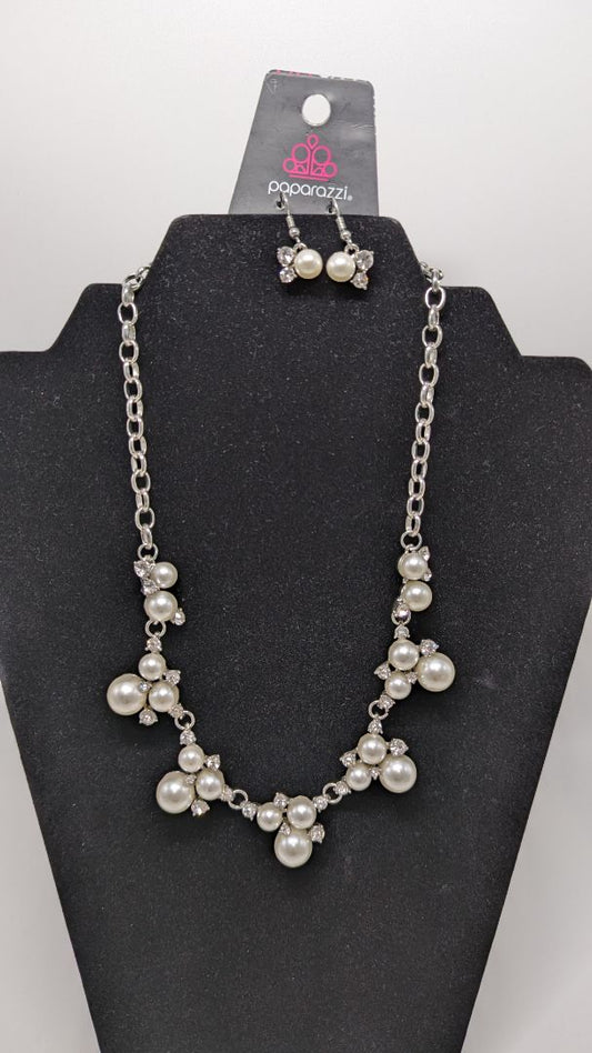 Paparazzi Silver Faux-Pearl Cluster Statement Necklace Set