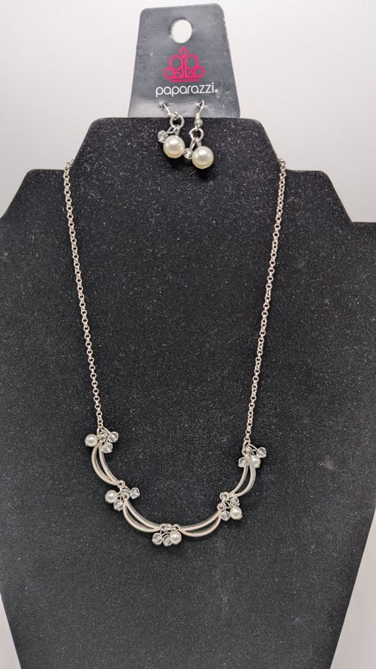 Paparazzi Silver Faux-Pearl Crescent Moon Necklace Set
