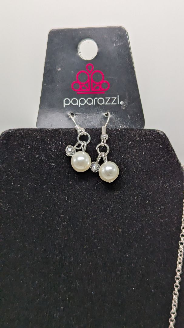 Paparazzi Silver Faux-Pearl Crescent Moon Necklace Set