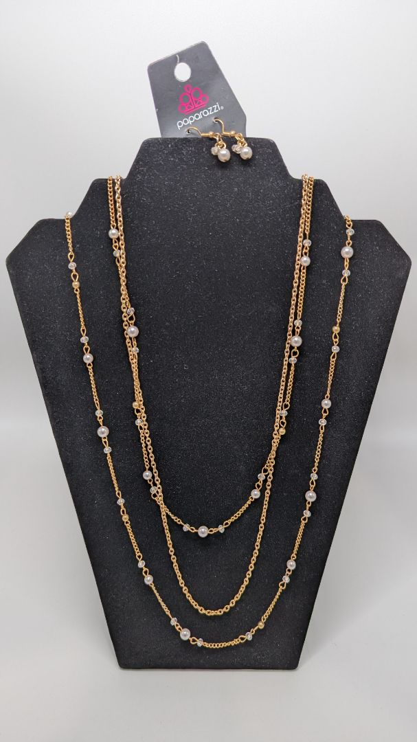 Paparazzi Gold 3-Strand Faux-Pearl Longline Necklace Set