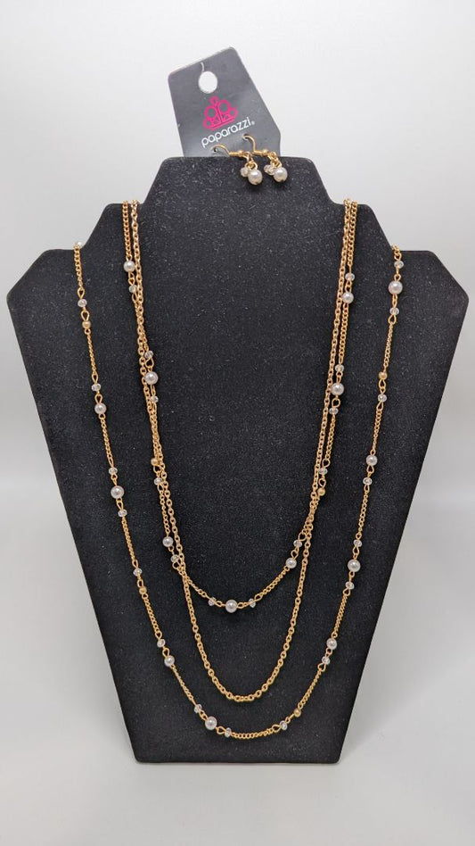 Paparazzi Gold 3-Strand Faux-Pearl Longline Necklace Set