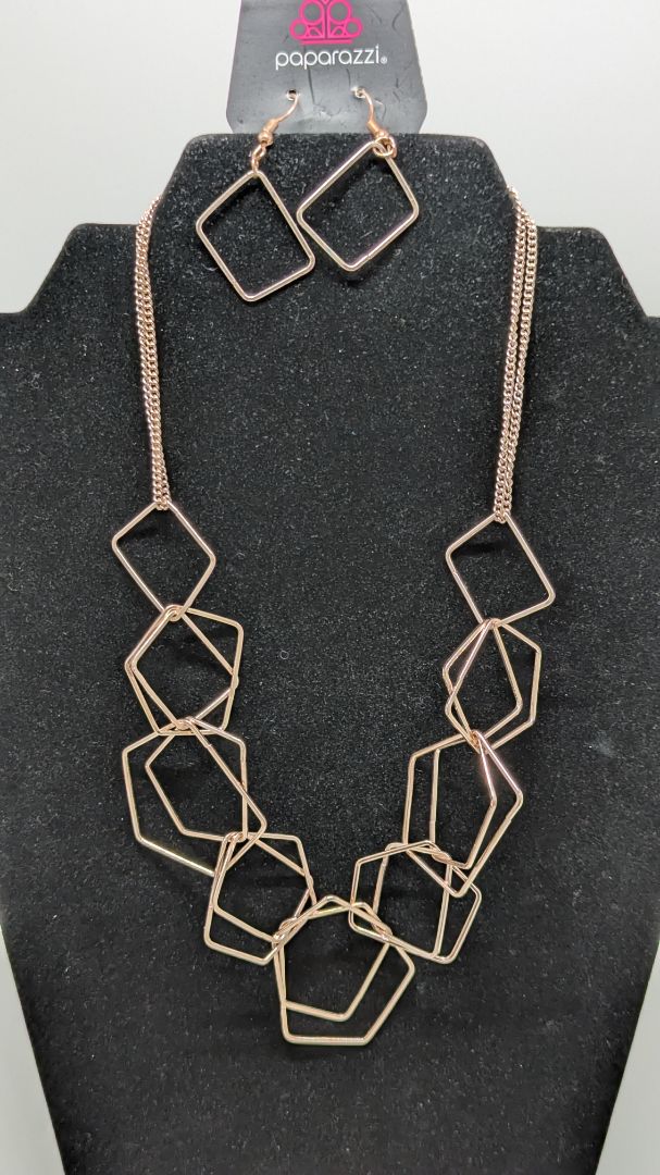 Paparazzi Pink Gold Geometric Chain Necklace Set