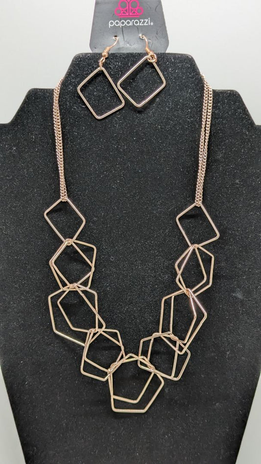 Paparazzi Pink Gold Geometric Chain Necklace Set