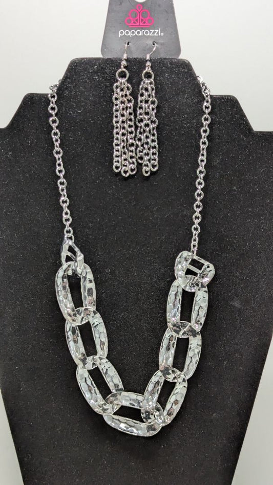Paparazzi Black Silver Punched Metal Necklace Set