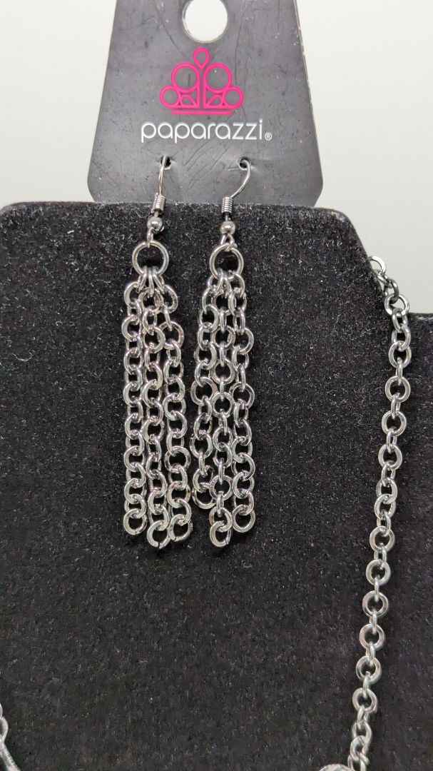 Paparazzi Black Silver Punched Metal Necklace Set