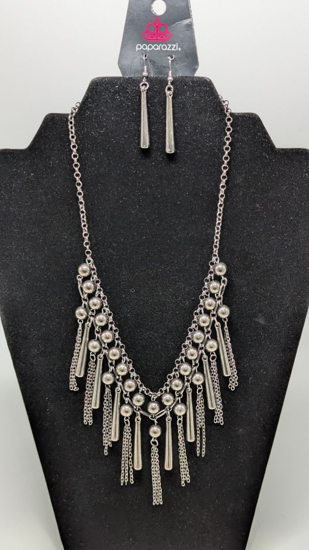 Paparazzi Black Silver Beaded Tassel Necklace Set