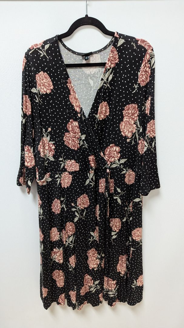 Torrid Black Polka-Dot Floral Faux-Wrap Midi Dress