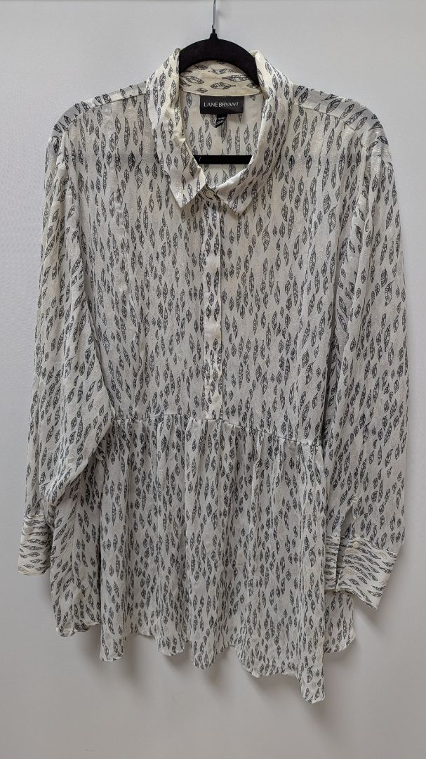 Lane Bryant White Feather Print Half-Button-Down Blouse