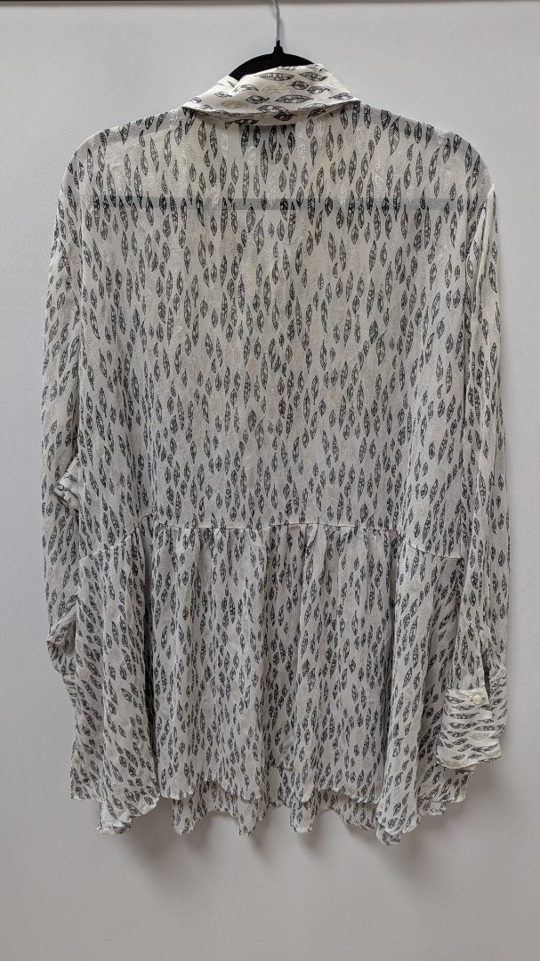 Lane Bryant White Feather Print Half-Button-Down Blouse