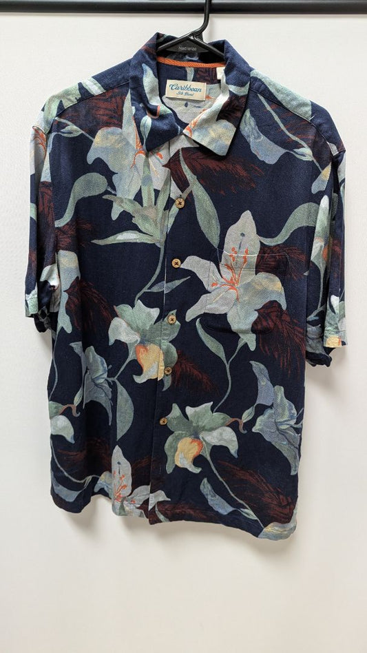Caribbean Navy Blue Silk Hawaiian Button-Down Shirt