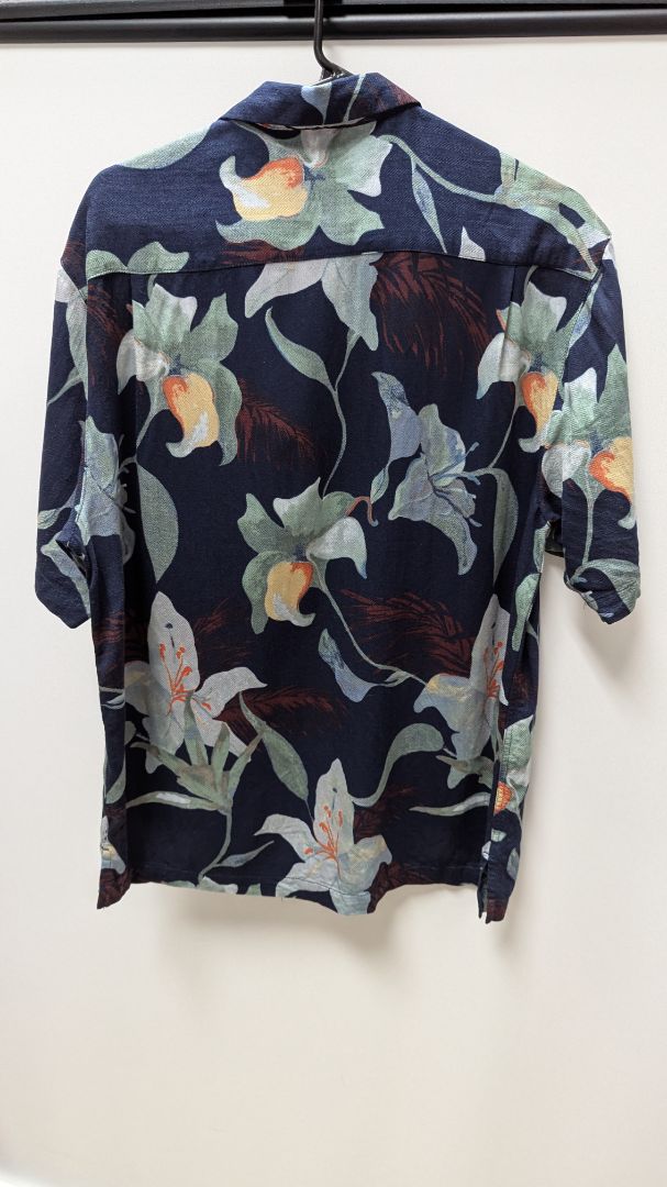 Caribbean Navy Blue Silk Hawaiian Button-Down Shirt