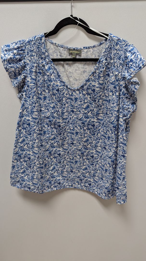 Style & Co Blue/White Floral Ruffle Sleeve Tee