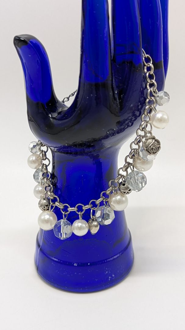 Silver Faux-Pearl Rose Charm Bracelet