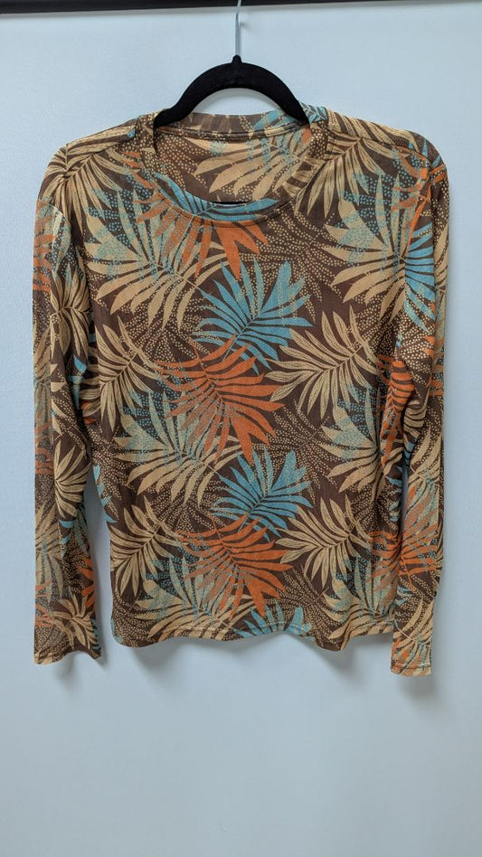 Orange Floral Mesh Long-Sleeve Blouse