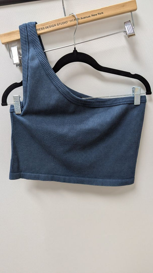 savvi Dark Blue Ribbed Knit One-Shoulder Crop Top