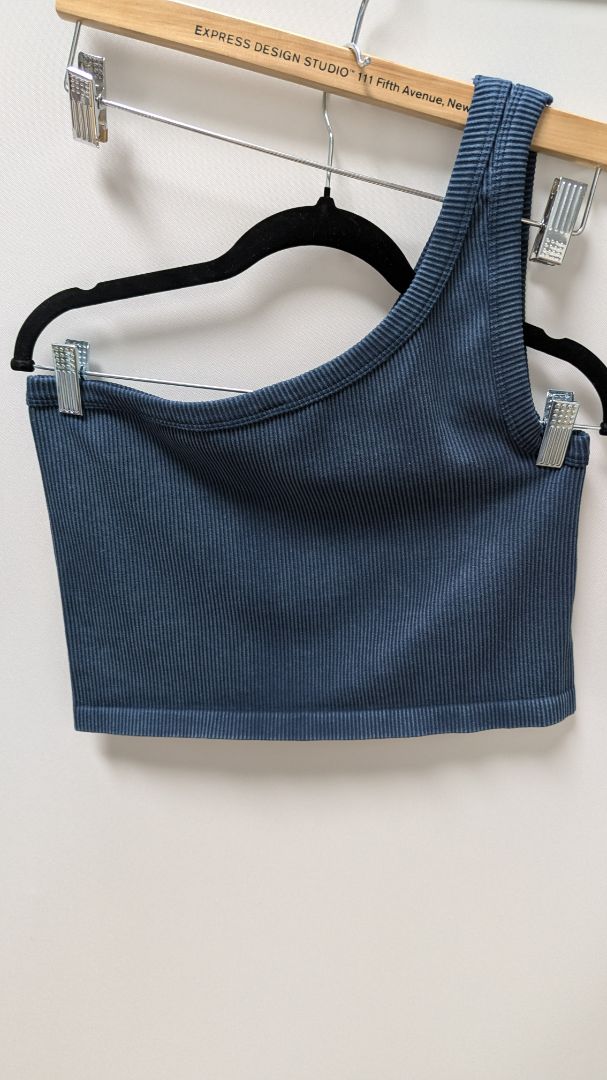 savvi Dark Blue Ribbed Knit One-Shoulder Crop Top