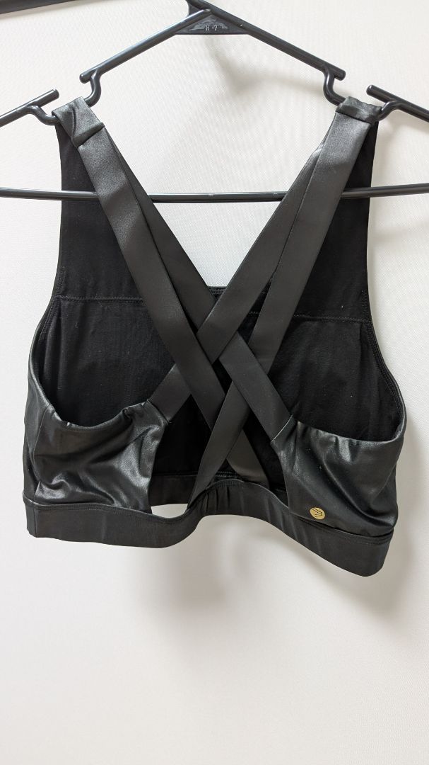 savvi Black Faux-Leather Cross-Back Sports Bra
