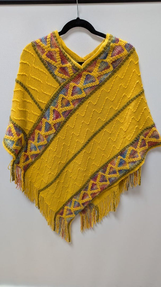 Yellow Multicolor Woven Knit Poncho