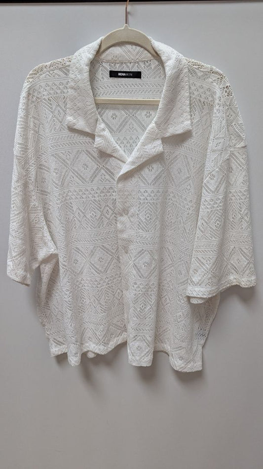 NOVA Men White Sheer Crochet Button-Down Shirt