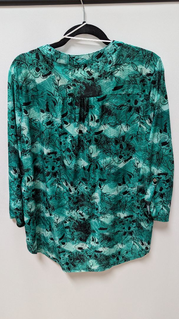 notations Turquoise/Black Floral Pleated Neck Blouse