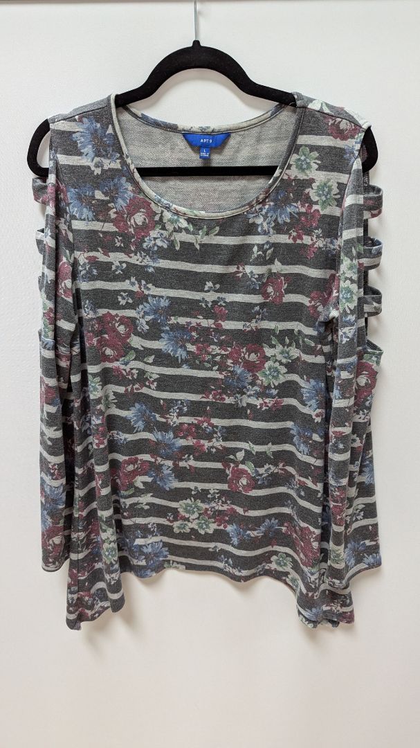 APT. 9 Grey Floral Striped Long-Cutout-Sleeve Tee