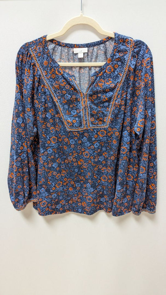 J.Jill Navy/Orange Floral Embroidered Long-Sleeve Tee
