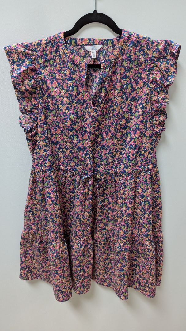 Time and Tru Navy/Pink Floral Drawstring-Waist Peasant Dress