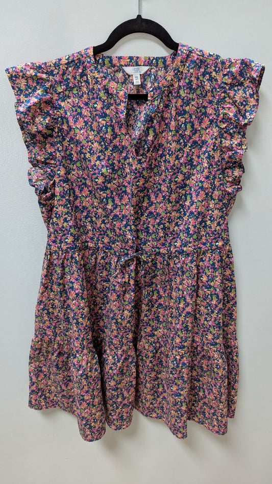 Time and Tru Navy/Pink Floral Drawstring-Waist Peasant Dress