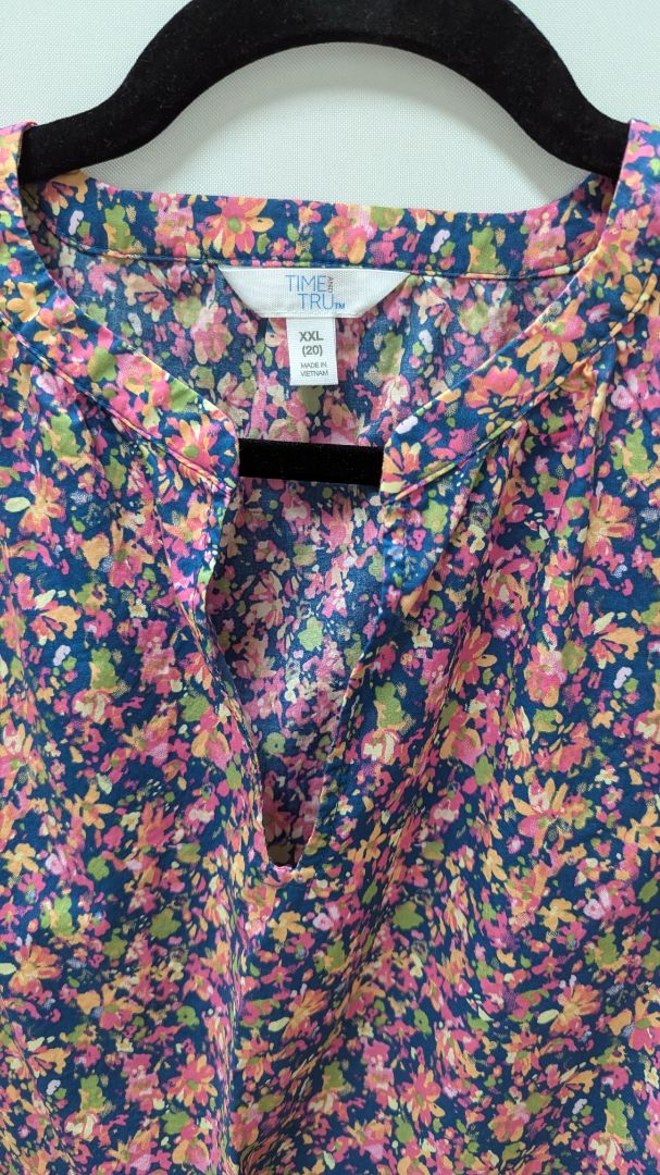 Time and Tru Navy/Pink Floral Drawstring-Waist Peasant Dress