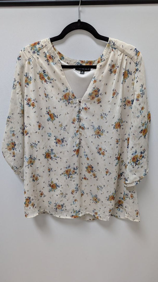 Sara Michelle Cream/Orange Floral Quarter-Button Blouse
